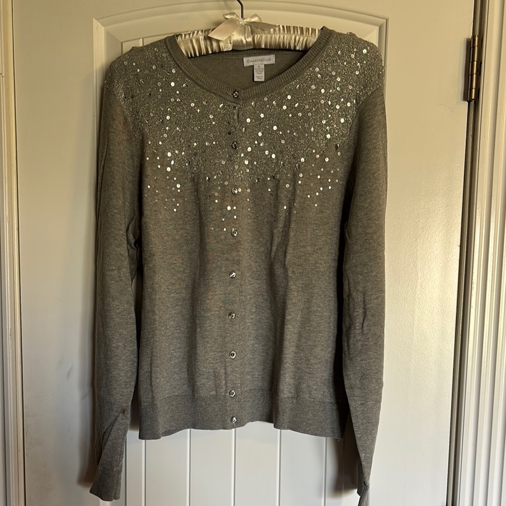 Charter Club Gray Cardigan with Sparkling Embellishments